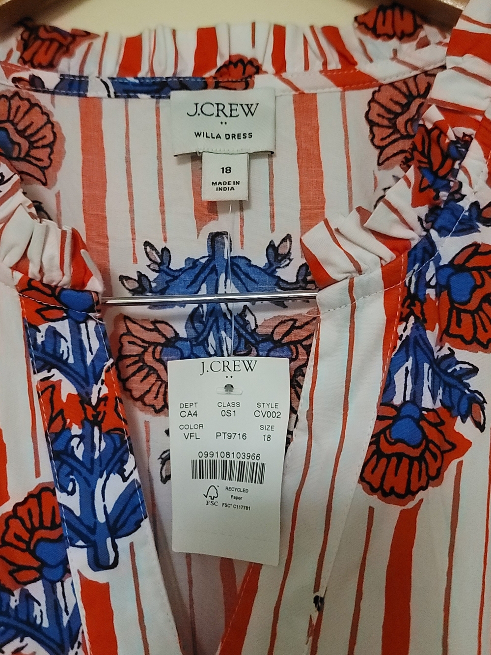 J. Crew White Dress with Red Stripes & Blue Floral Print Size 18 NWT - Picture 9 of 12